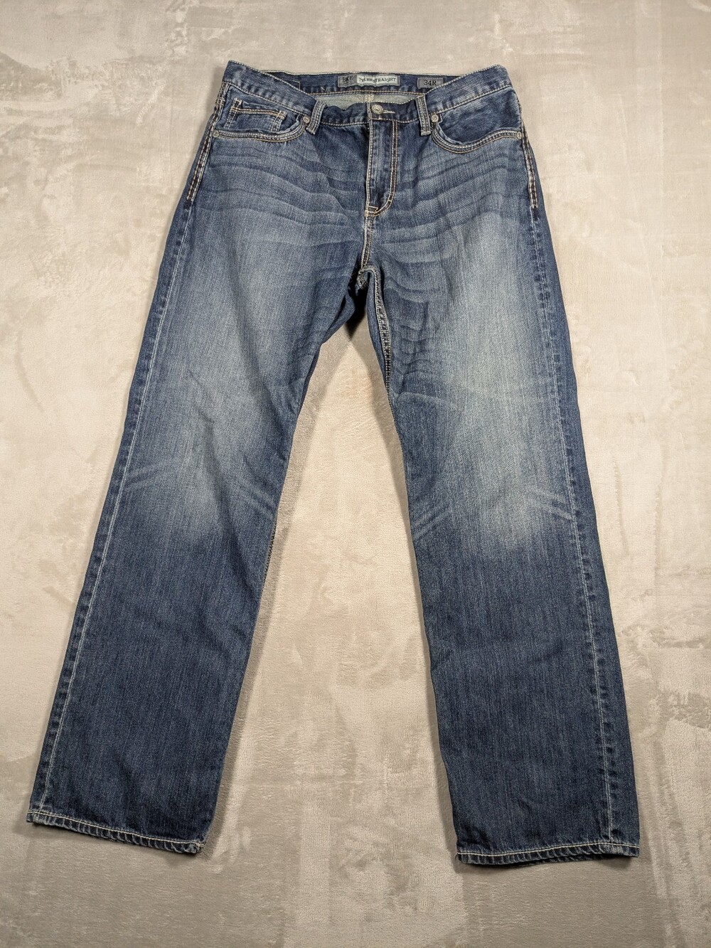 BKE Tyler Straight Jeans Mens 34R Blue Whiskered Stretch Denim Buckle
